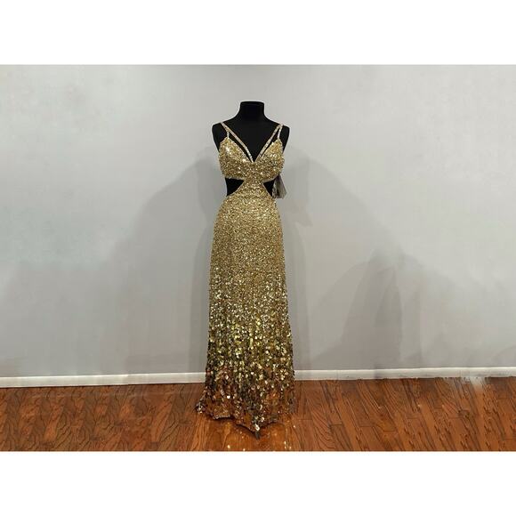 Mac Duggal 6077 Thin Strap Cut out Gown with Ombre Sequins Gold Sz 4 NEW - Picture 2 of 9